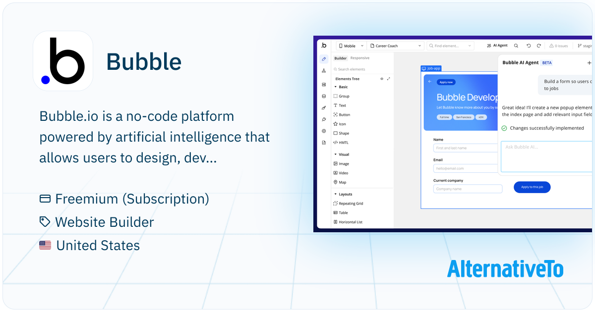 Bubble: No-code app builder with AI and drag-and-drop tools | AlternativeTo