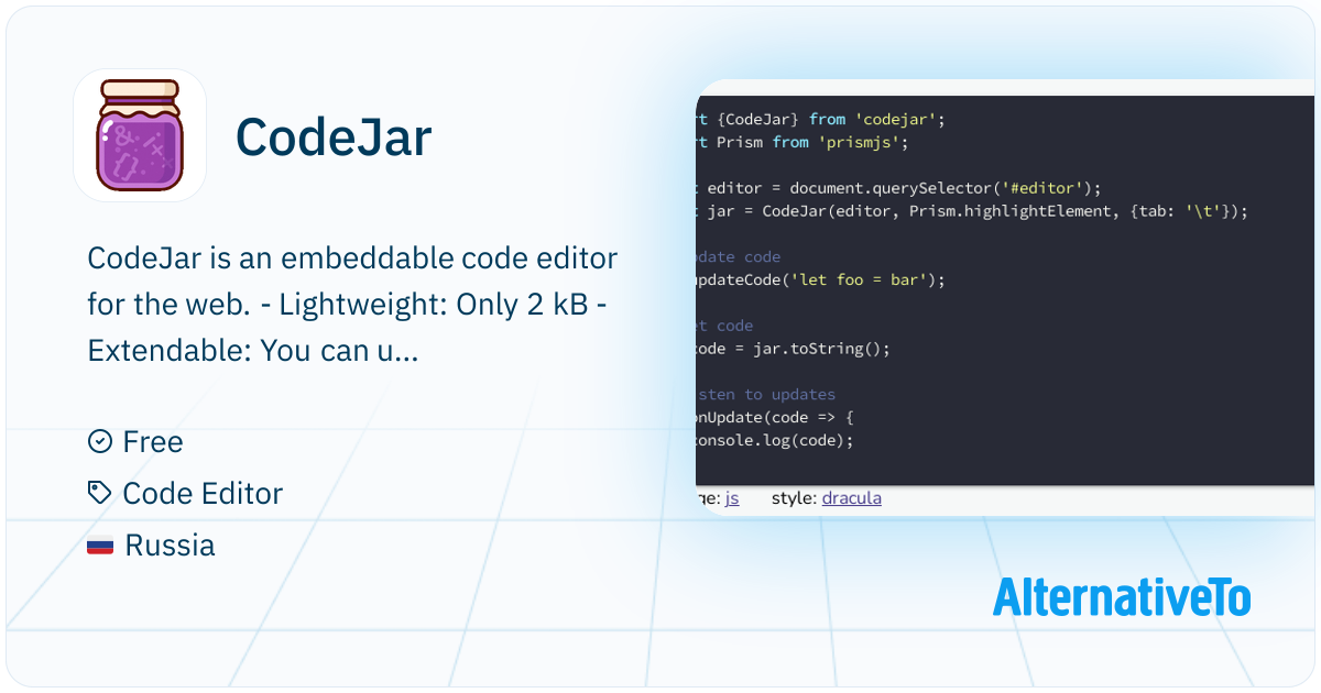 CodeJar: An embeddable code editor for the web | AlternativeTo