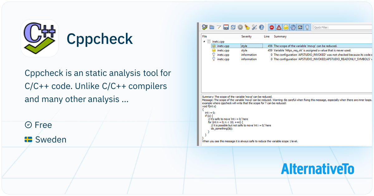 Cppcheck: Static analysis tool for C/C++ code | AlternativeTo