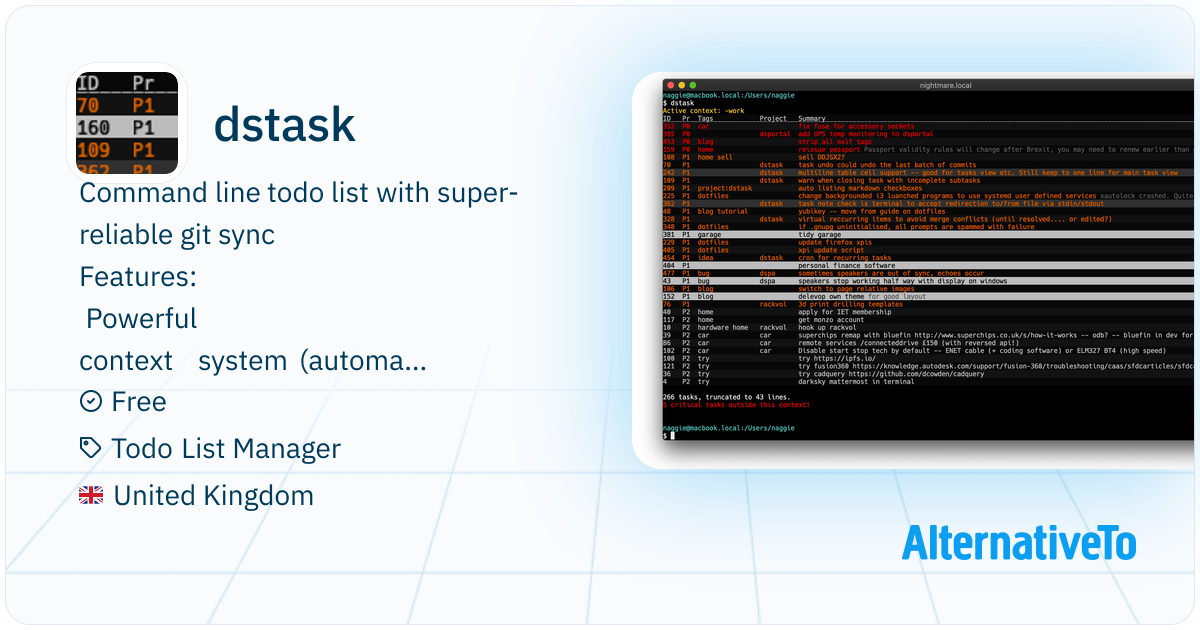 dstask: Command line todo list with git sync | AlternativeTo