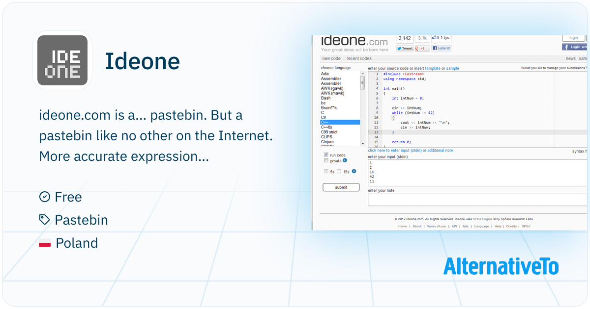 Ideone: Ideone.com is a... pastebin | AlternativeTo