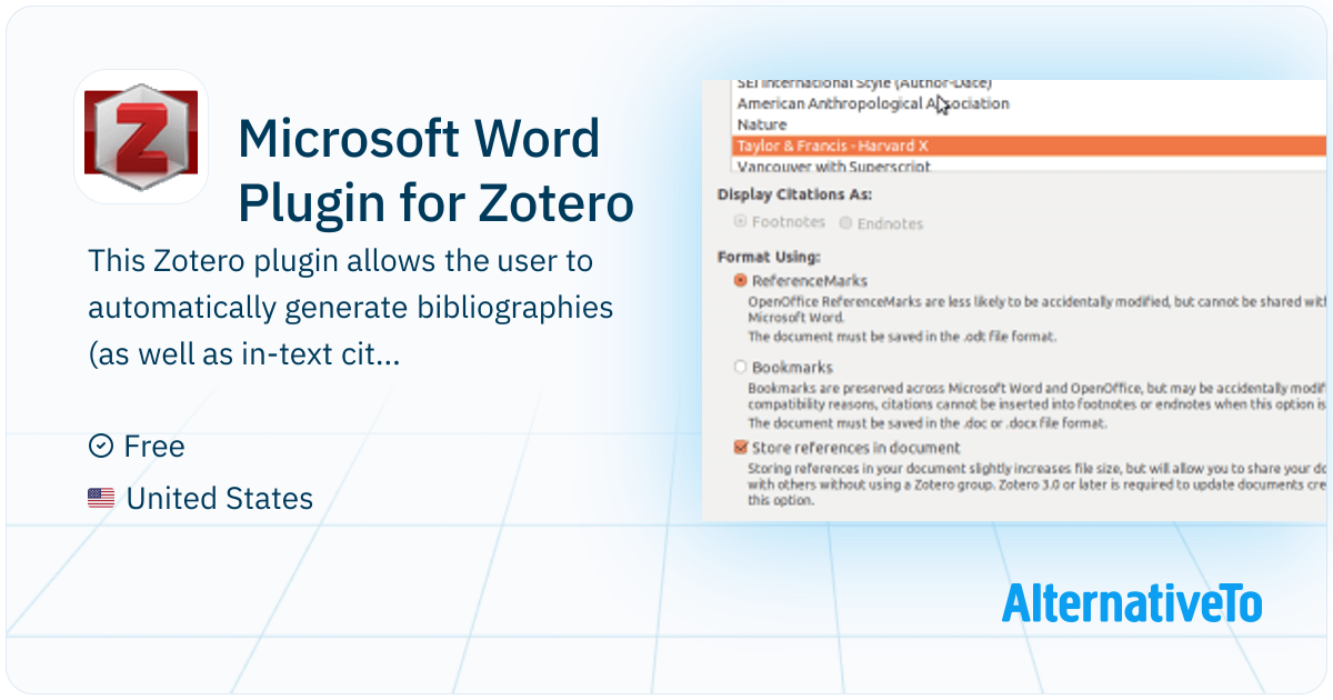Microsoft Word Plugin for Zotero This Zotero plugin allows the user to
