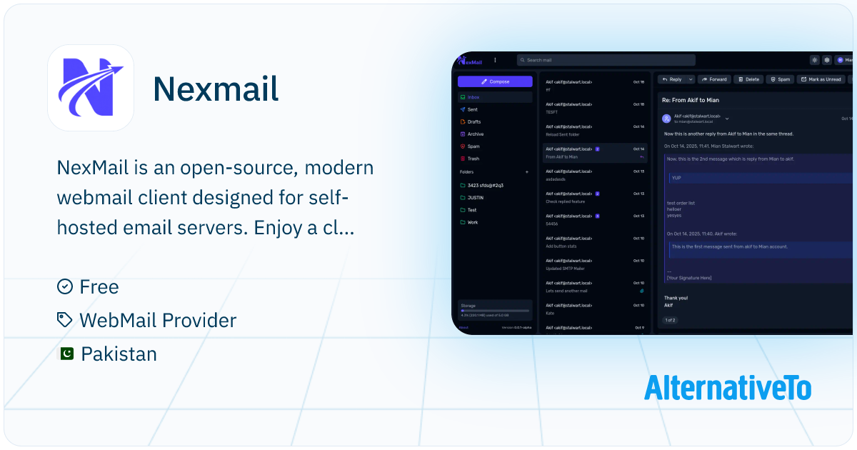 Nexmail NexMail is an opensource, modern webmail client AlternativeTo