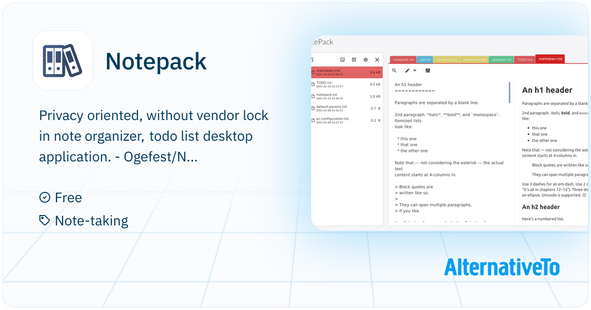 Packthis Notepad Notepack: Privacy oriented, without vendor lock in note organizer, todo ...