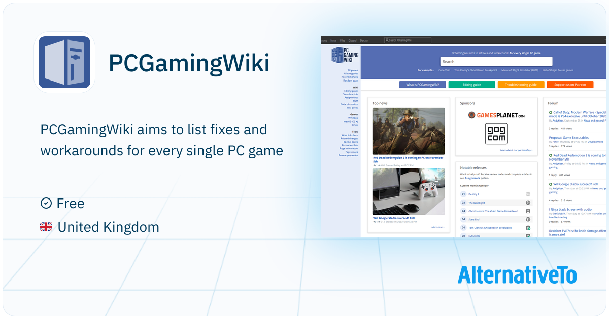 PCGamingWiki: Aims to list fixes and workarounds | AlternativeTo