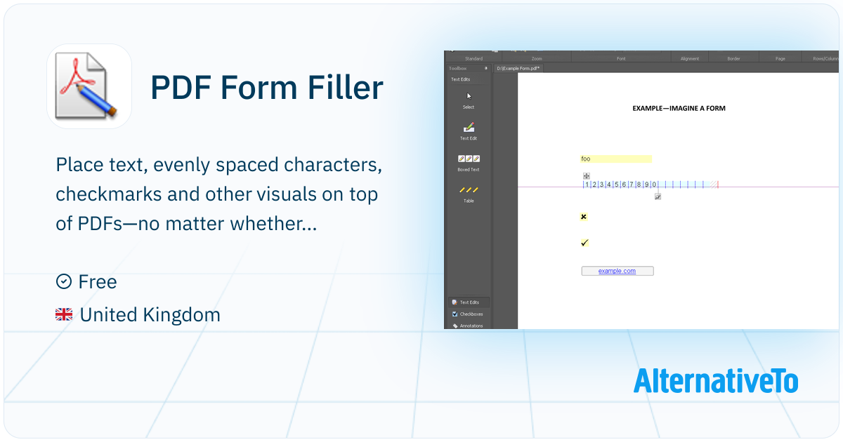 PDF Form Filler Place text, evenly spaced characters, checkmarks and