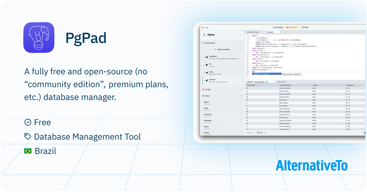 PgPad: A fast Postgres and SQLite database manager | AlternativeTo