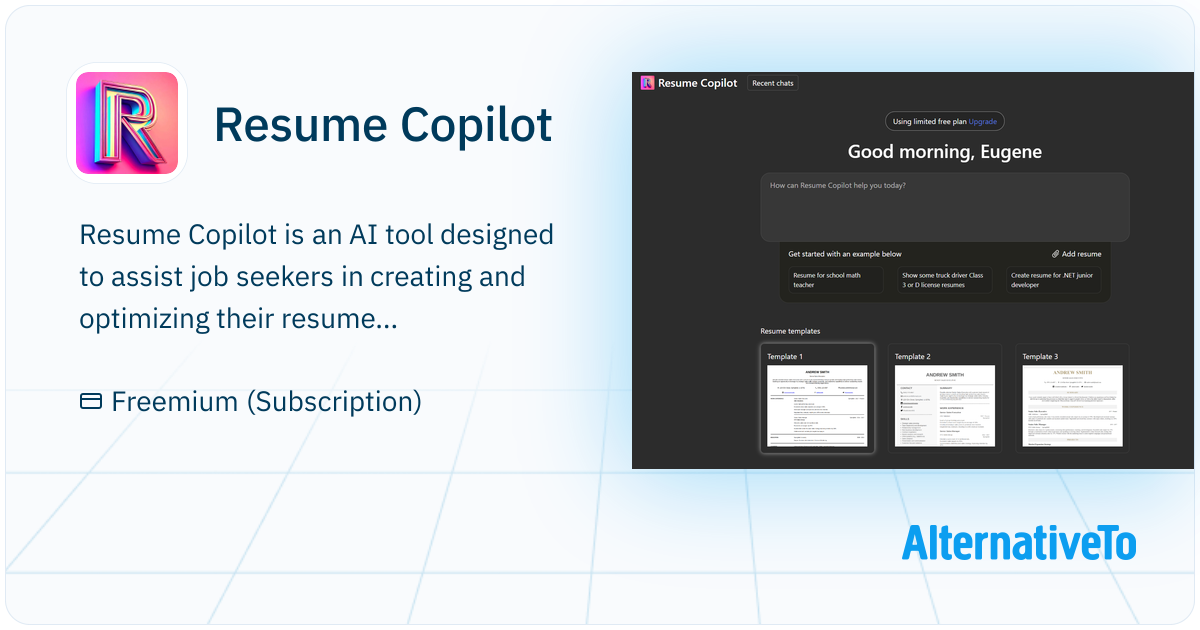 Resume Copilot AI tool designed to assist AlternativeTo