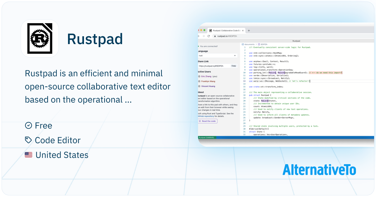 Rust Language Free Editor Rustpad: Open-source collaborative text editor based on the operational ...