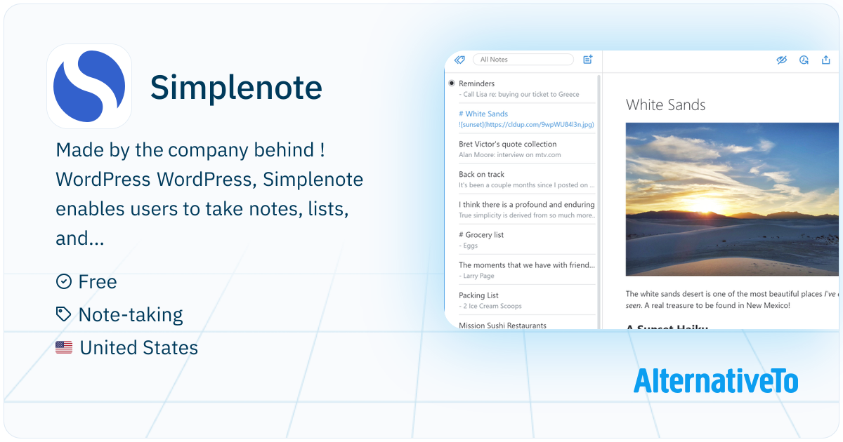 Simple Note Alternatives Simplenote: Cloud-based note-taking with realtime sync and tagging ...