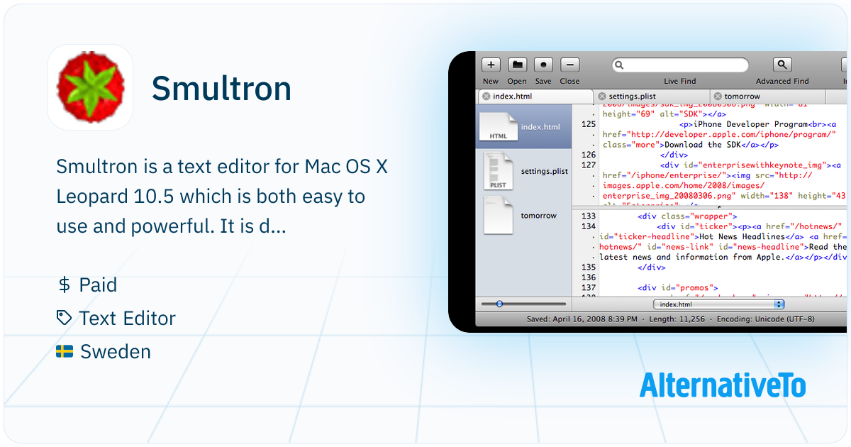 Smultron: Text editor for Mac OS X Leopard 10 | AlternativeTo
