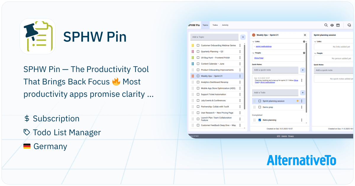 SPHW Pin: Cloud-based productivity tool with focused views, quick notes ...