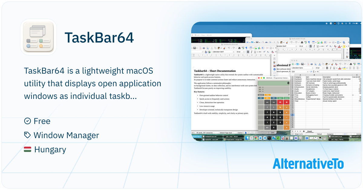 Taskbar Style Mac TaskBar64: Free macOS taskbar-style window switcher that shows ...
