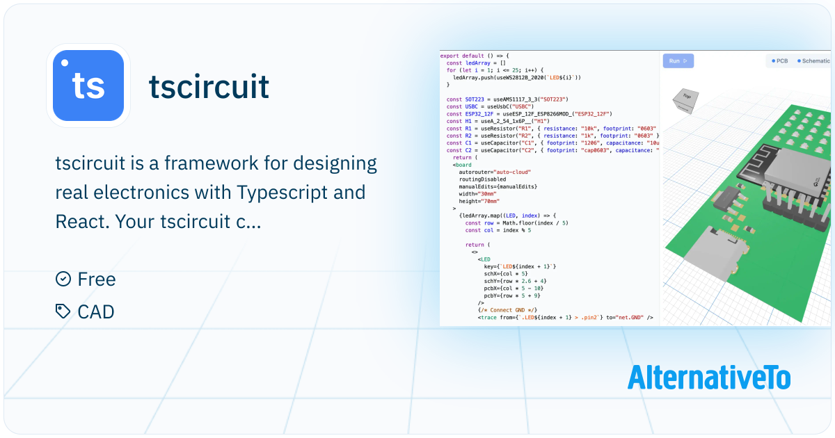 tscircuit: Use React for designing electronics | AlternativeTo