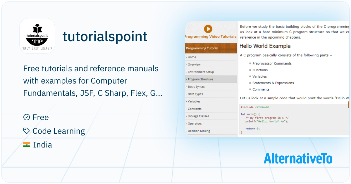 tutorialspoint: Free tutorials and reference manuals with | AlternativeTo
