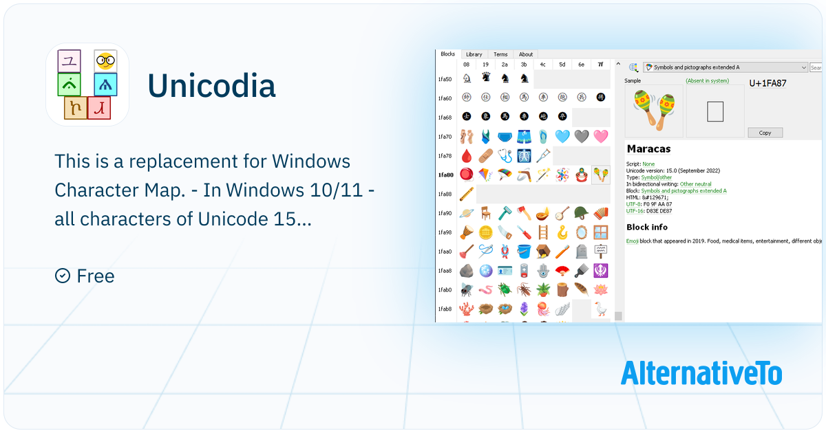 Unicodia : Encyclopedia of Unicode characters | AlternativeTo