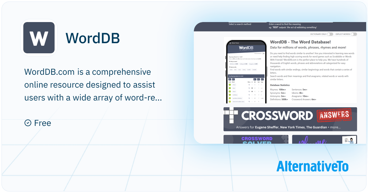 Word Database.download WordDB: A word database to help find anagrams, synonyms, rhymes and ...